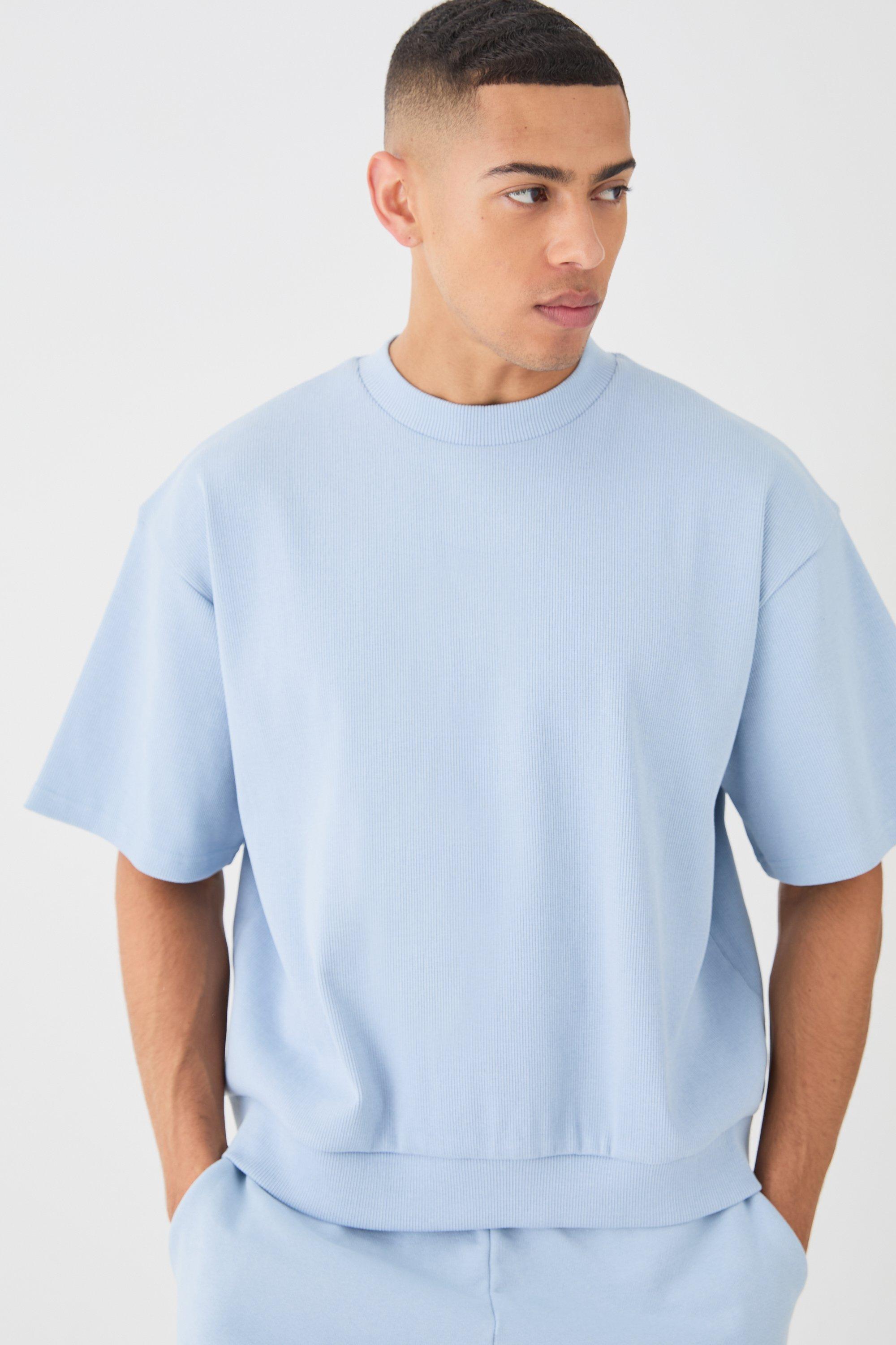 Mens Blue Oversized Boxy Heavyweight Ribbed Short Sleeve Sweatshirt, Blue